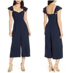 Tall-Friendly Eliza J Cropped Wide-Leg Ruffle-Sleeve Jumpsuit